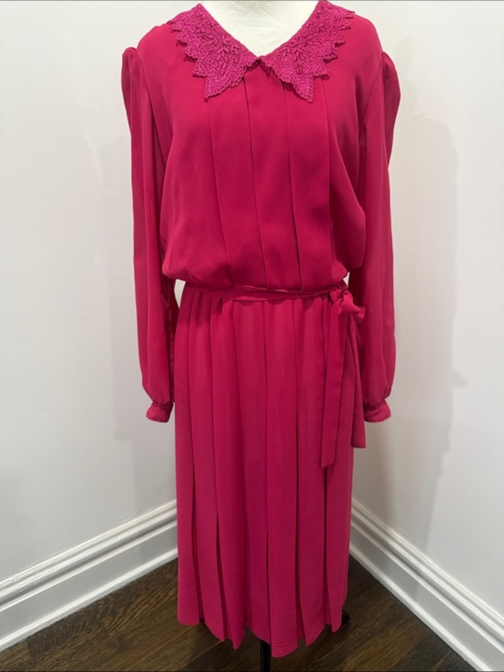 Vintage Jo Hanna York by Joan Davis Pink Lace-Collar Long Sleeve Midi Dress 10